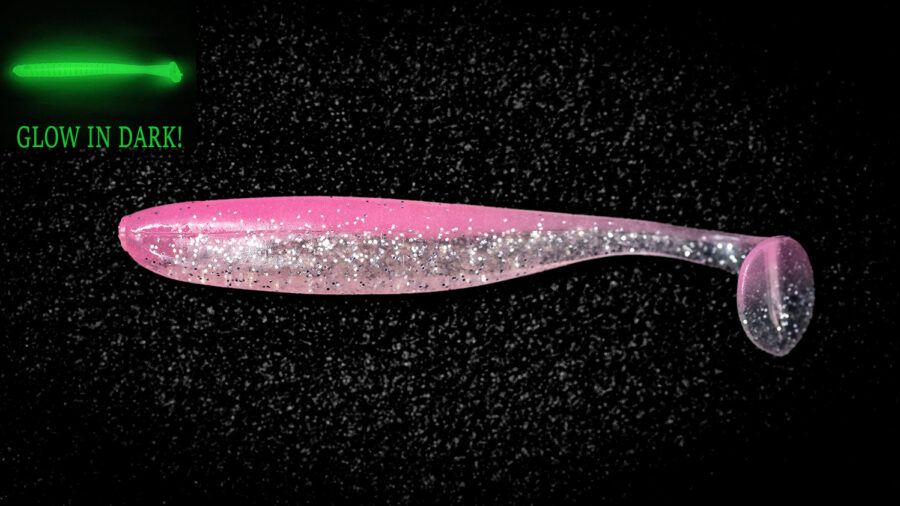 Pink easy shiner, soft plastic minnow fishing lure. salted, glow, shine in dark